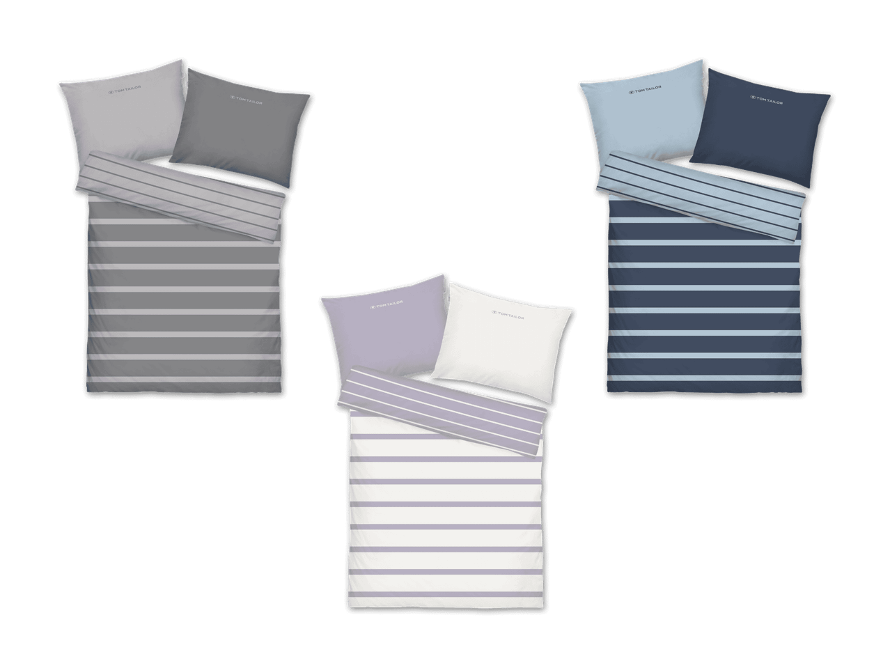 Drei Tom Tailor Bettwäsche-Sets in Grau, Blau und Lila mit Streifenmuster.