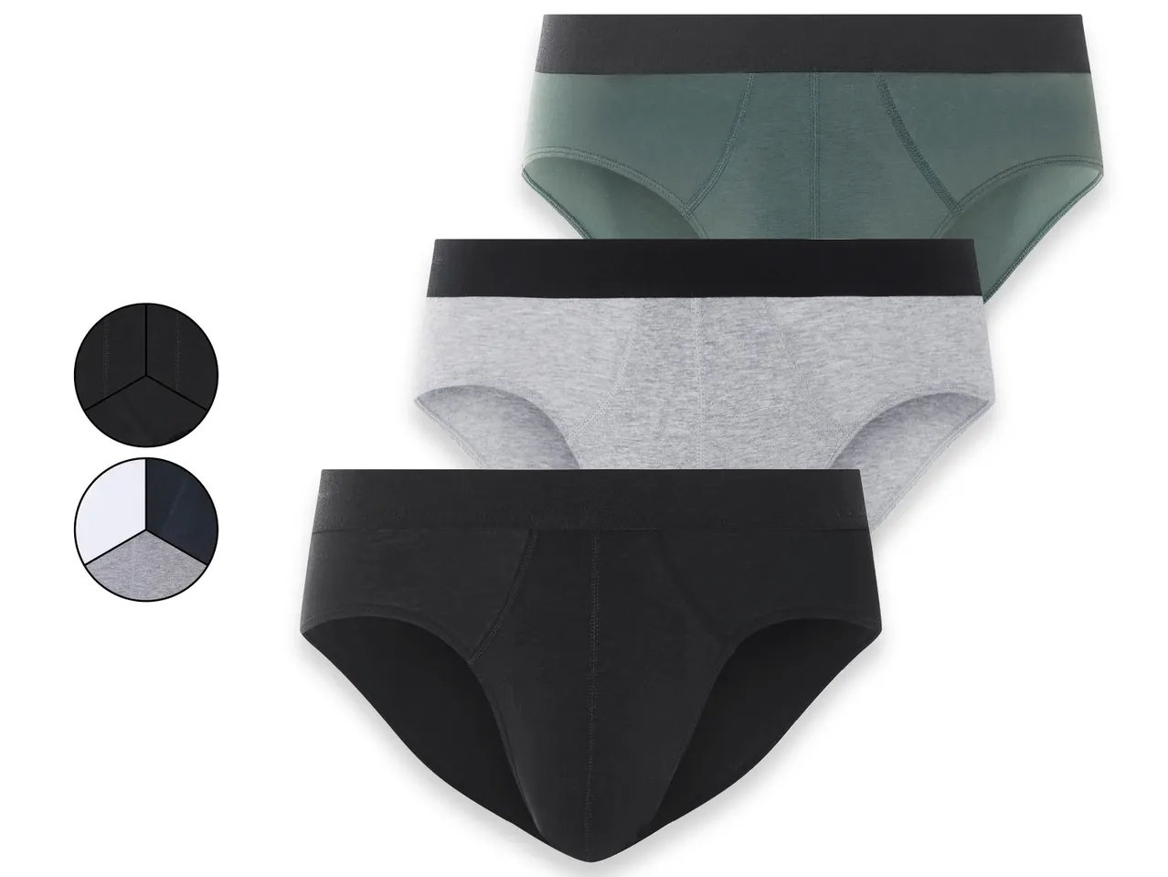 Tre slip da uomo colori nero, grigio e verde.