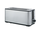 Stainless steel toaster with two long slots and control buttons on the side.