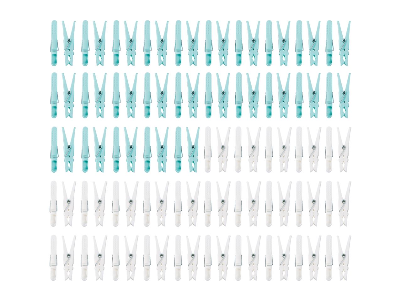 Rows of light blue and white clothes pegs.