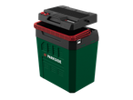 Ladă frigorifică cu acumulator PARKSIDE în verde și negru cu accente roșii, capacul ușor deschis.