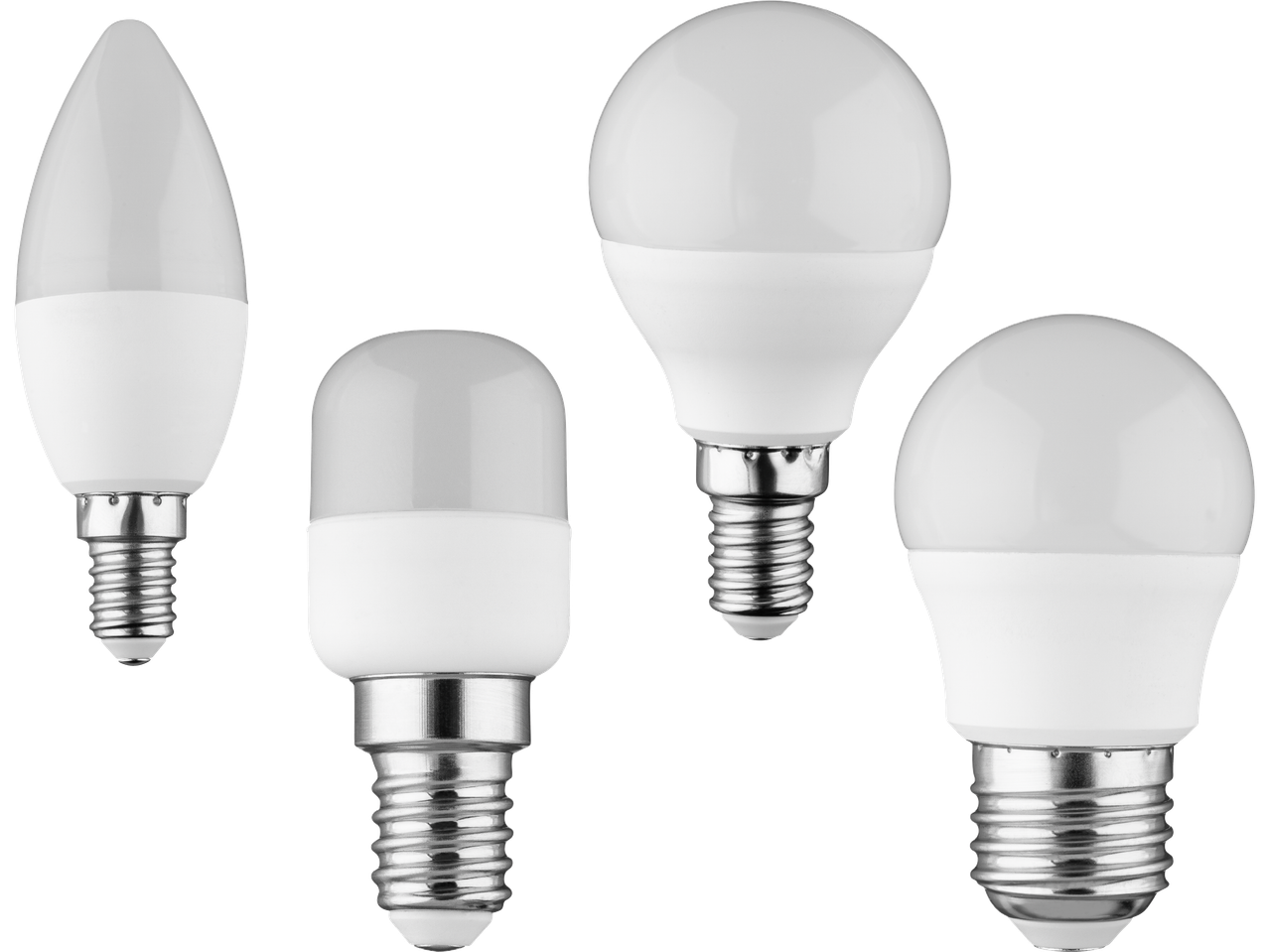 Fyra olika LED-lampor med E14- och E27-socklar.
