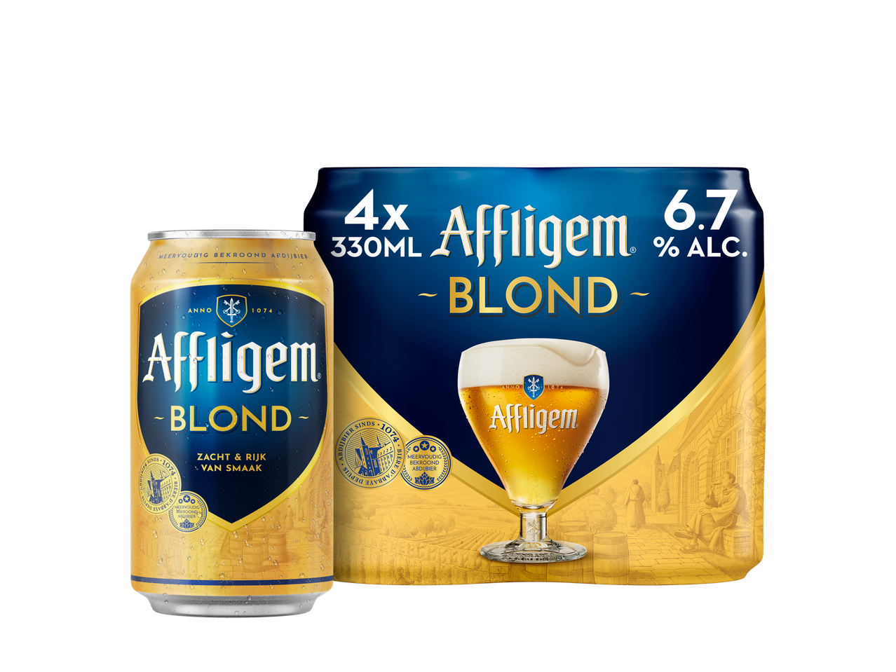 Affligem Blond 6,7% bier 4-pack met een glas bier en abdij-illustraties.