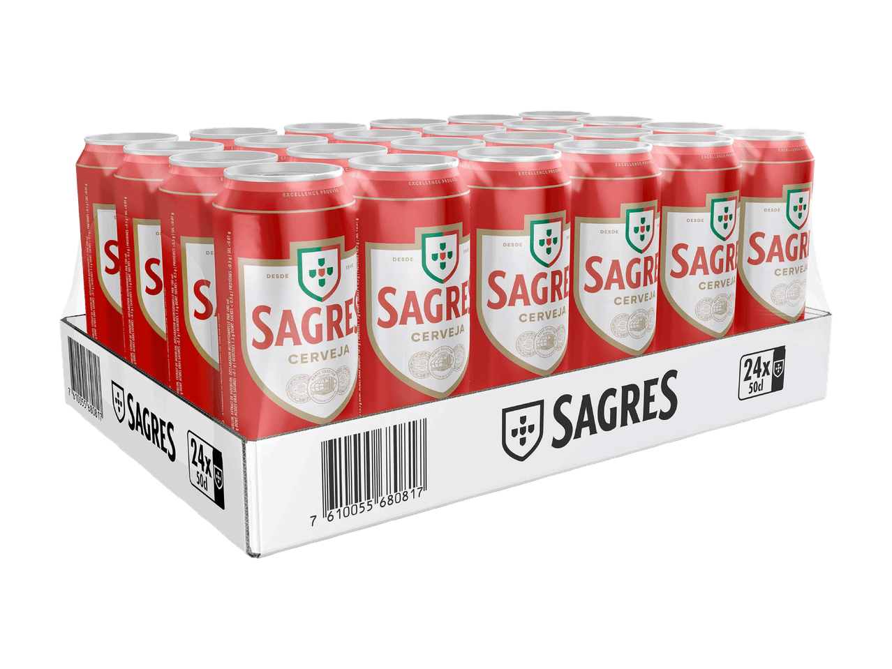 Eine Packung mit 24 roten 50cl Bierdosen, mit dem Text 'SAGRES CERVEJA'.
