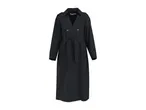 Dark blue trench coat with a belted waist and double-breasted buttons.