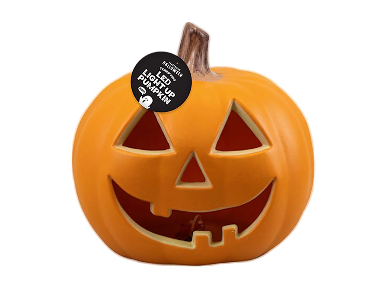 An orange LED light-up Halloween jack-o'-lantern pumpkin decoration