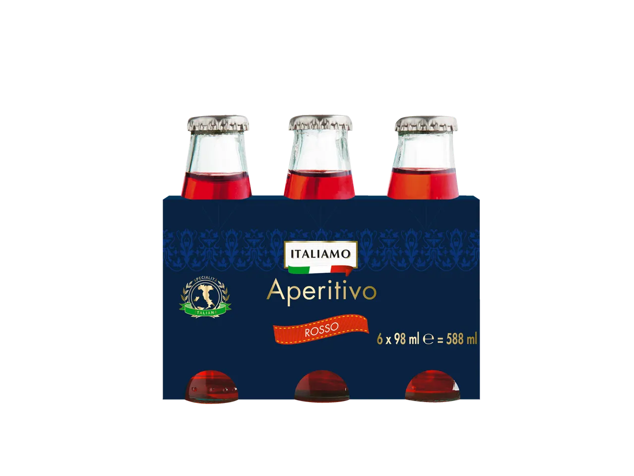 ITALIAMO Aperitivo Rosso : Six bouteilles de 98 ml d'apéritif italien dans un étui cartonné bleu foncé.