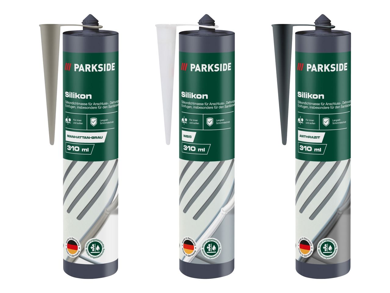 Drei Tuben Silikondichtmasse in den Farben Manhattan-Grau, Weiß und Anthrazit, jeweils 310 ml.