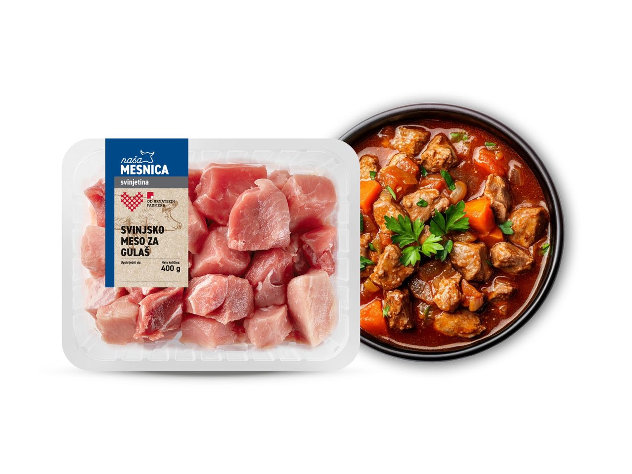 Pakiranje svinjskog mesa za gulaš Naša Mesnica i zdjela gotovog gulaša.