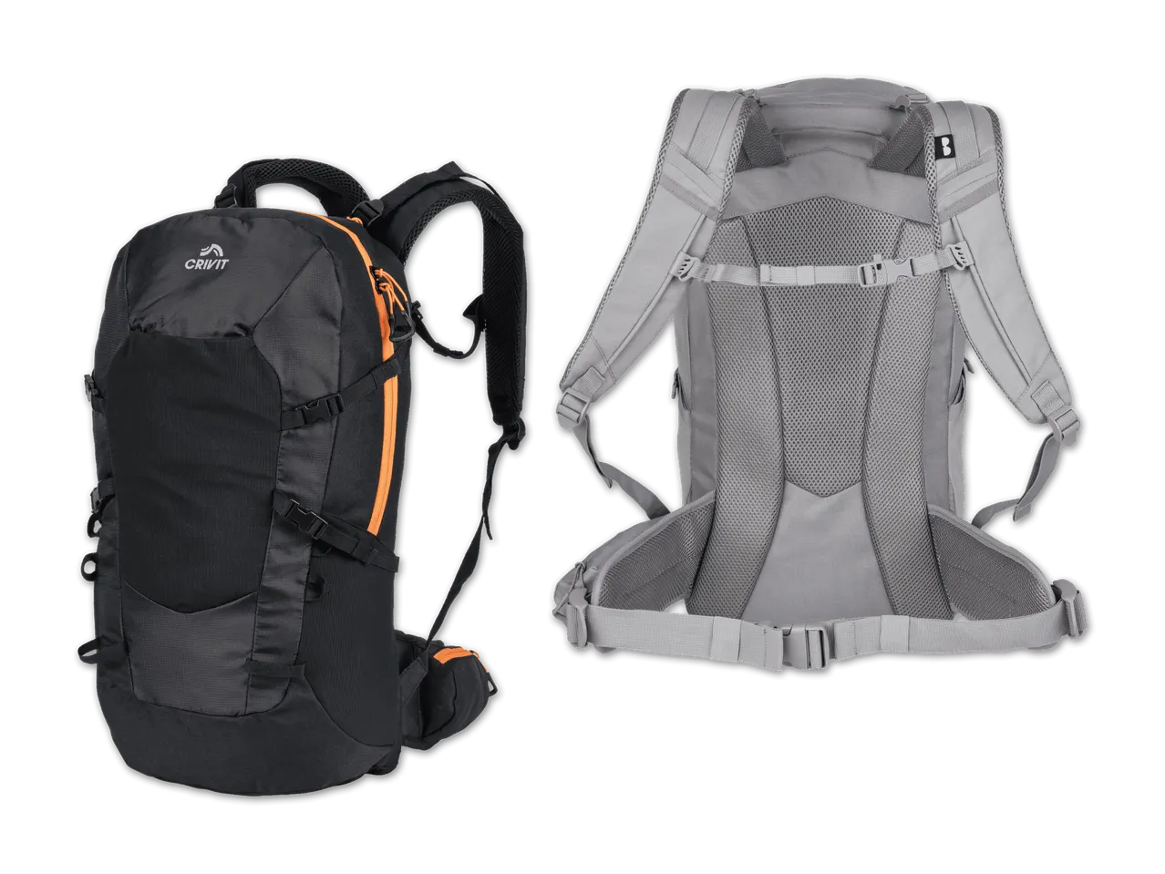 Schwarzer Wanderrucksack in der Vorderansicht und grauer Rucksack in der Rückansicht