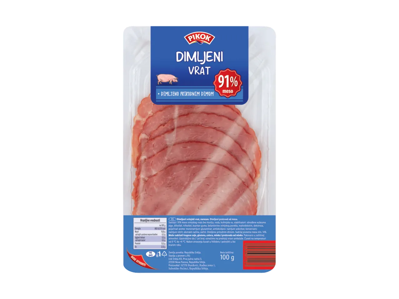 Pakovanje dimljene svinjske vratine sa 91% mesa, neto težine 100g.