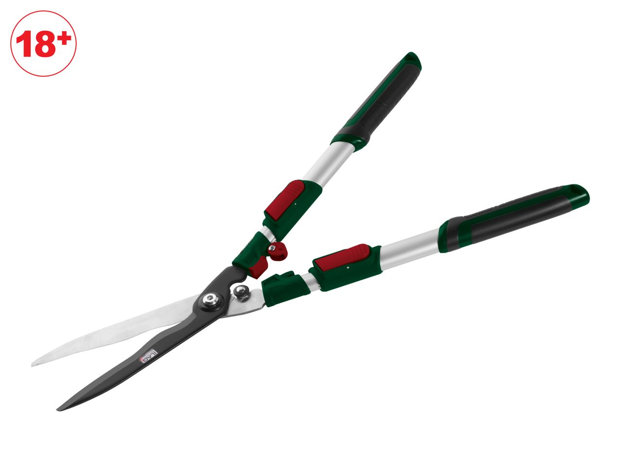 Hedge shears with green and black handles and a red 18+ age restriction symbol.