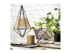 Geometric metal hanging planters wrapped in natural jute twine on a rustic wooden table.