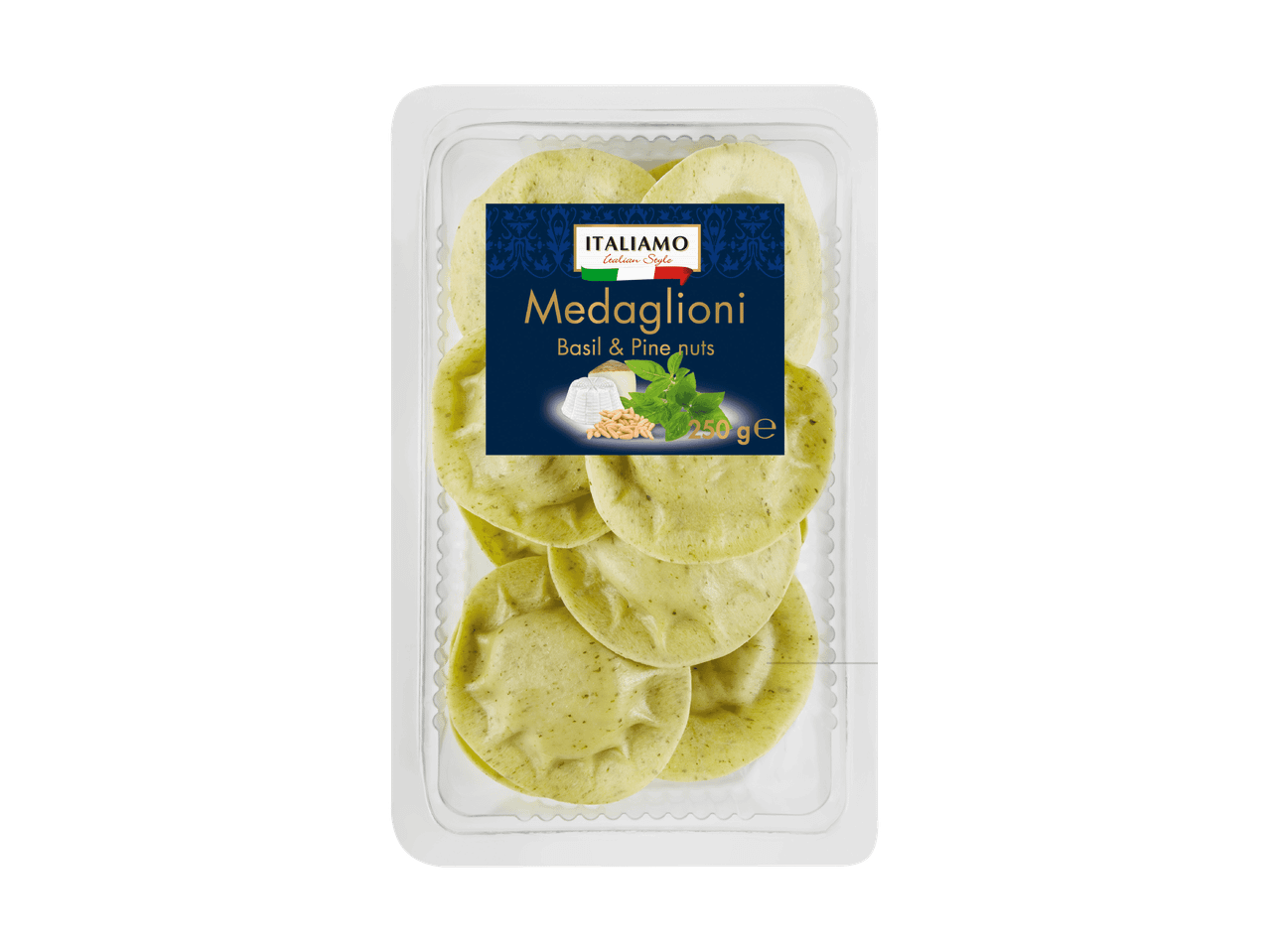 Pâtes Medaglioni au basilic et pignons de pin dans un emballage transparent.