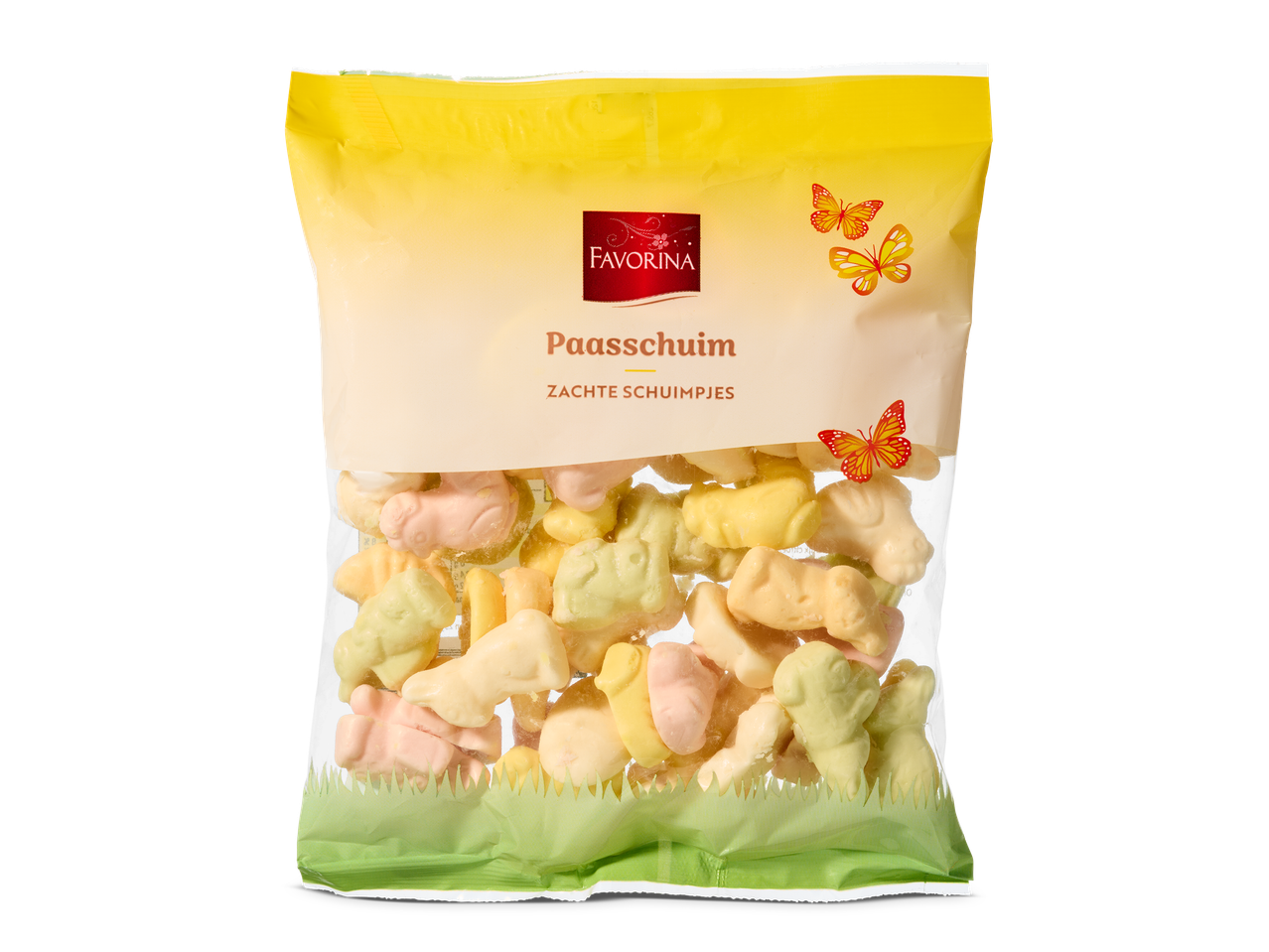 Een zak met zachte paasschuimpjes in de vorm van paasfiguren, zoals kuikens en lammetjes.