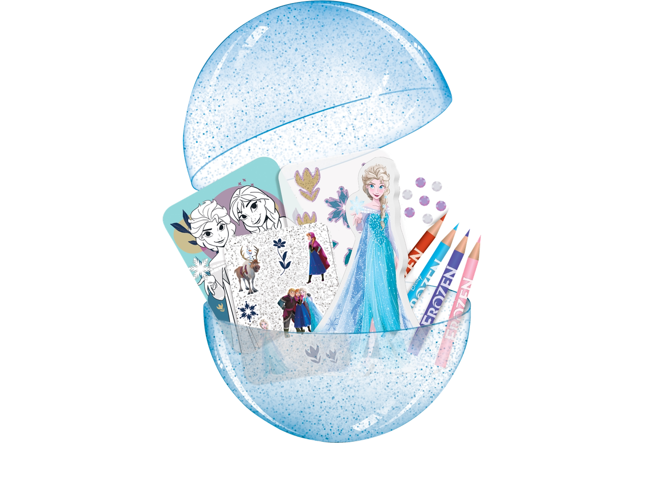 Frozen креативни сет у сјајној кугли: налепнице, слике за бојење, бојице.