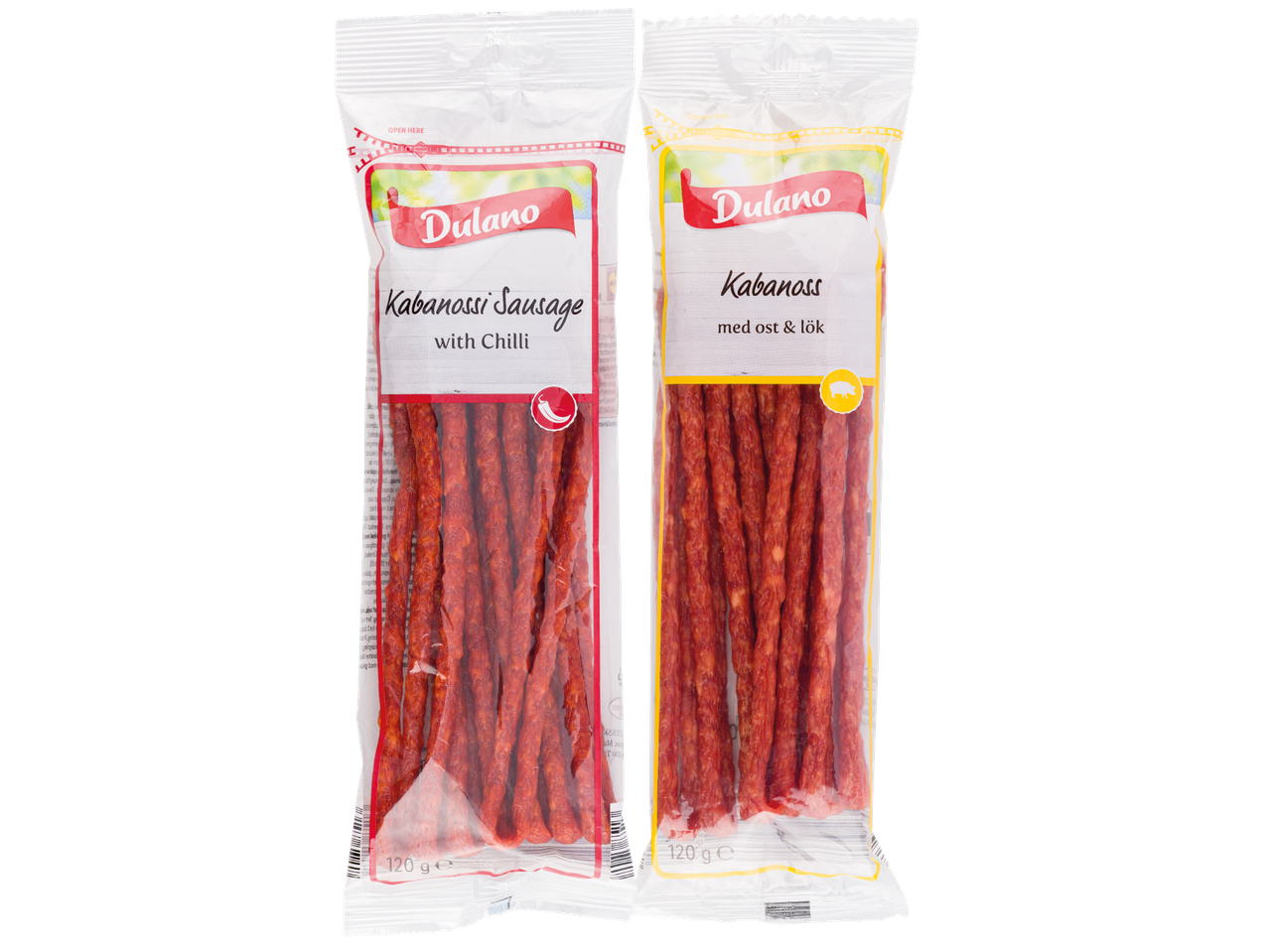 Två paket med snack-korvar
