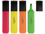 Quatre surligneurs de couleurs vives : rouge, jaune, orange et vert, avec un capuchon noir.