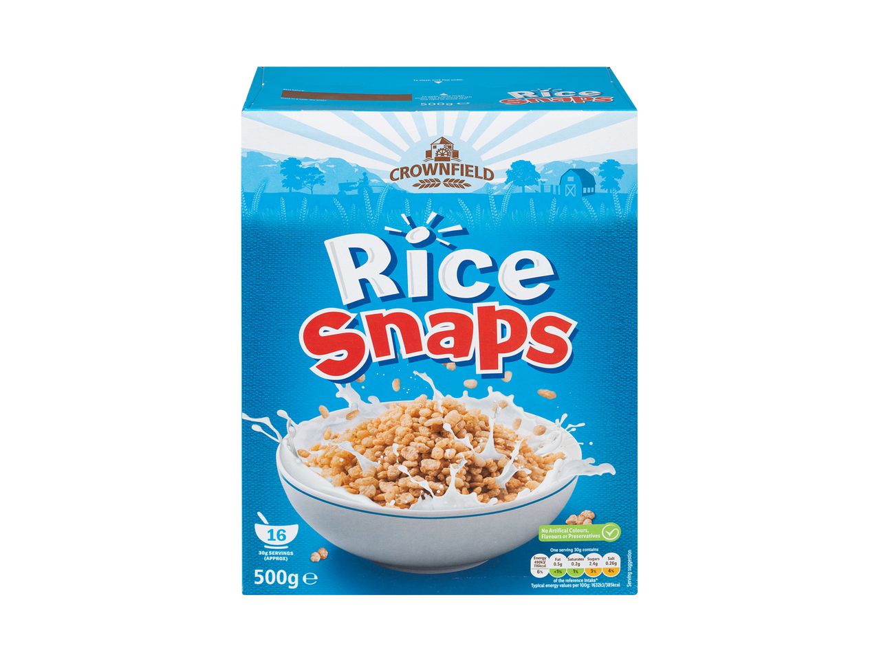 Crownfield Rice Snaps cereal in a blue box.