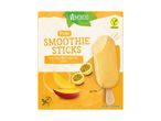 Frozen smoothie sticks with apple, orange, mango, passion fruit, and fennel, labeled as vegan and high fibre.