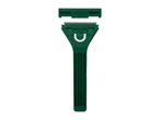 Green ice scraper with a removable top piece on a white background.