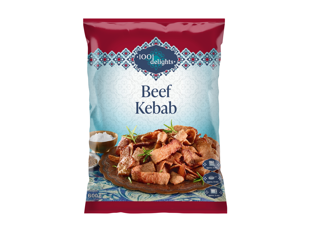 Frozen beef kebab in a bag, with cooking instructions and a weight of 600g.