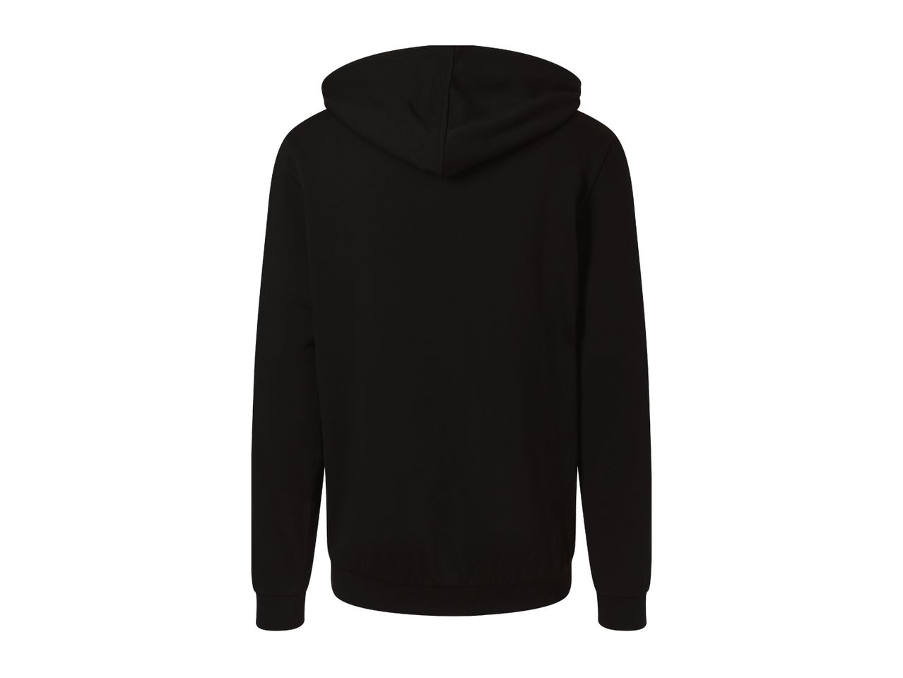 Back view of a plain black hoodie with a hood and long sleeves.