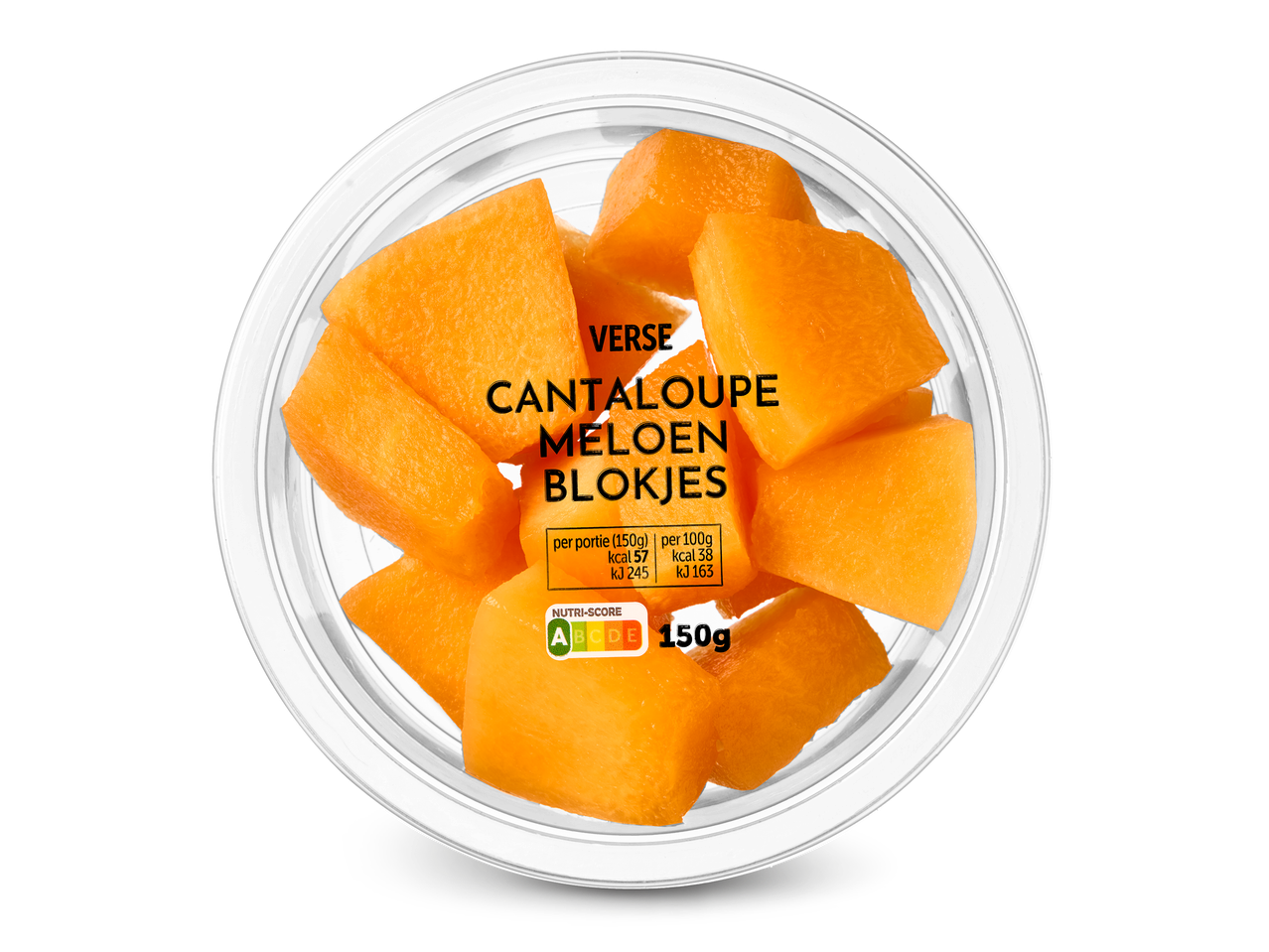 Verse cantaloupe meloenblokjes in een bakje, met voedingsinformatie en Nutri-Score A.