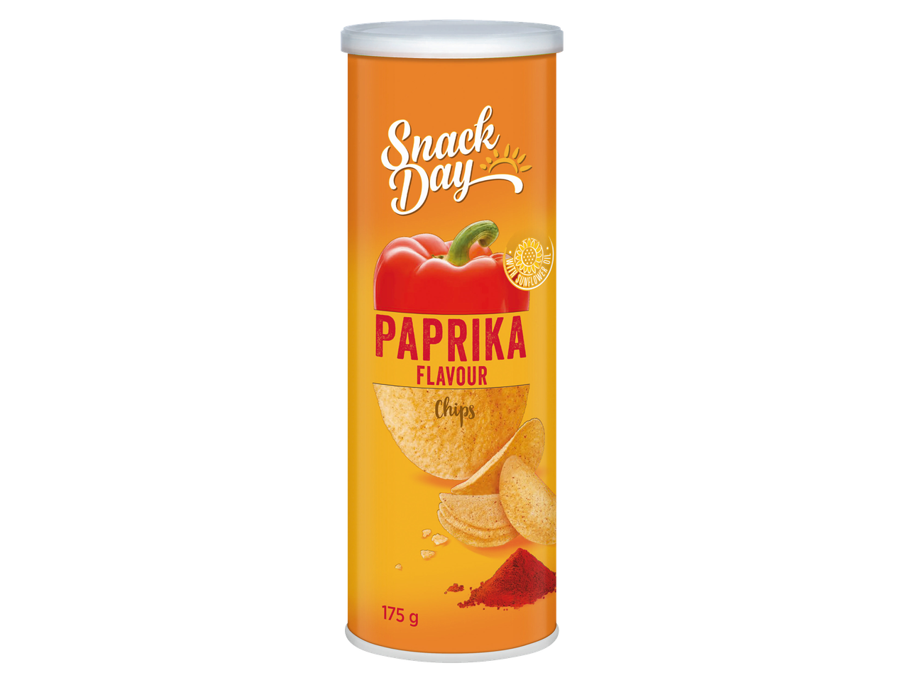 Snack Day paprika ízű chips narancssárga tubusban.