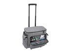 Gray rolling craft bag with an open front pocket displaying various sewing and crafting supplies.