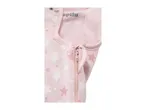 Pink baby sleepsuit with white and darker pink stars, featuring a zipper and snap buttons.
