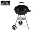 Black kettle barbecue grill with wheels and a silver ash catcher, featuring the text 'GRILL MEISTER'.