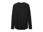 Black long-sleeved crew neck shirt with a rounded hem