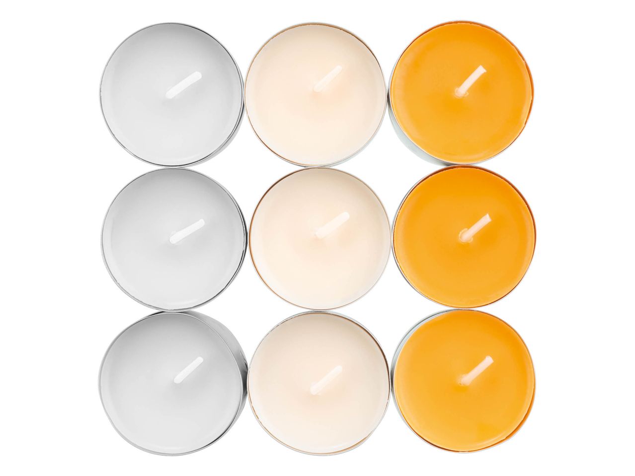 Nine tea light candles in white, cream, and orange arranged in a grid.