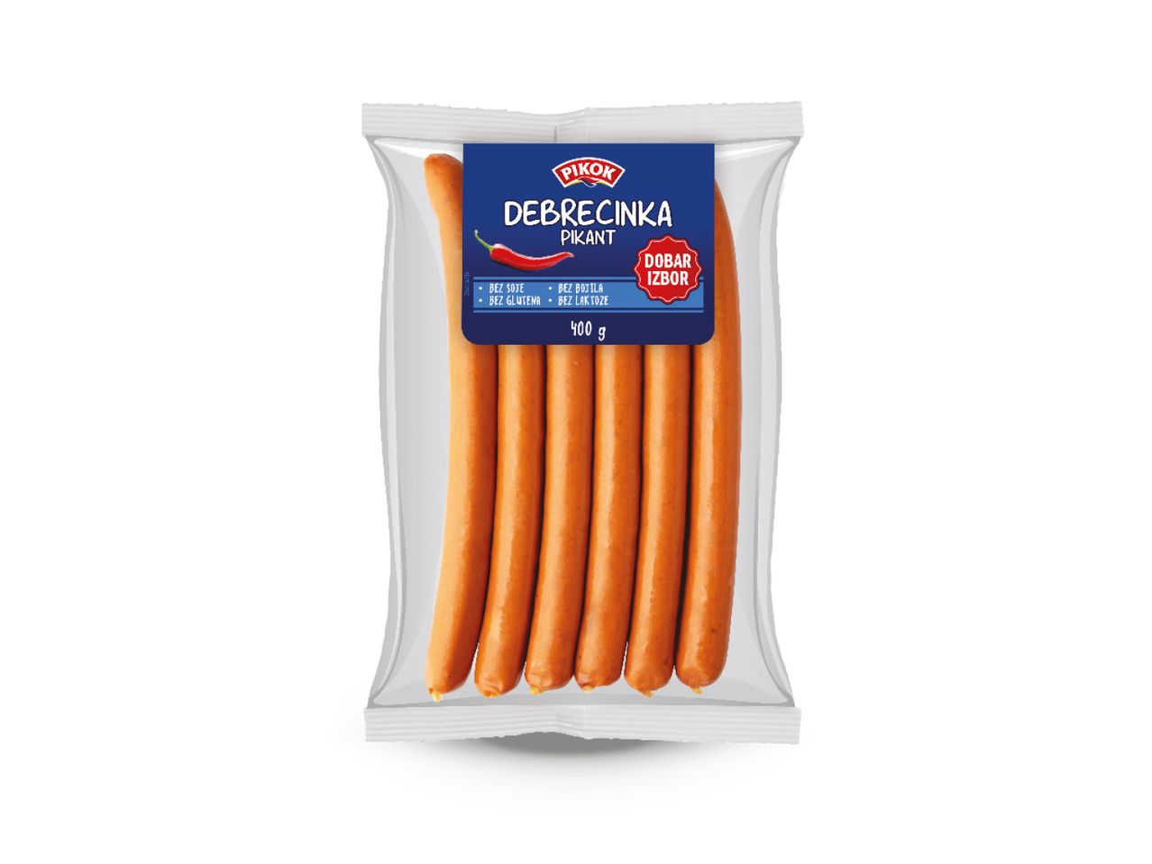 Pakiranje Pikok Debrecinka kobasica s natpisom 'Dobar izbor' i informacijama o proizvodu.