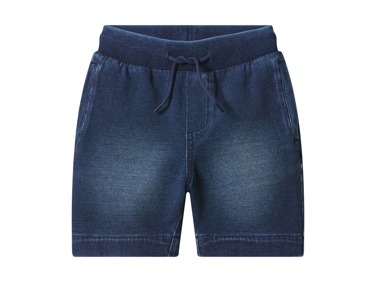 Mørkeblå denimshorts til børn med elastik i taljen og snøre.