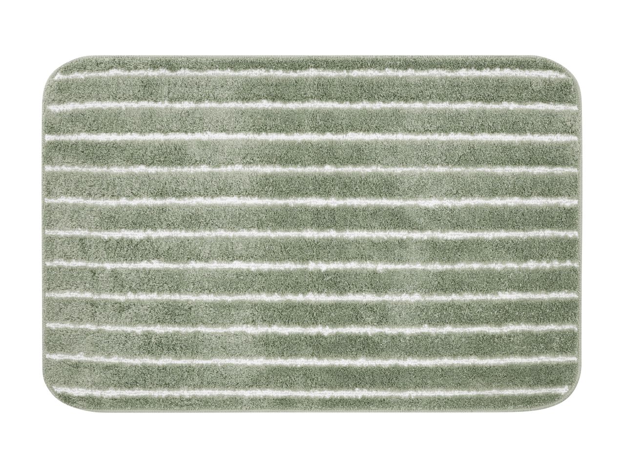 Green bath mat with horizontal white stripes and rounded corners.