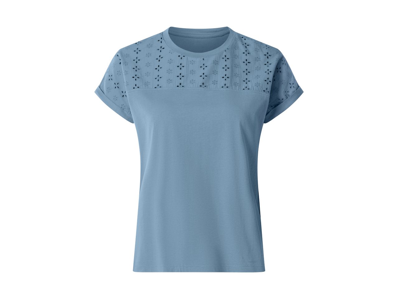 Light blue women's t-shirt with embroidered details on the shoulders and sleeves.