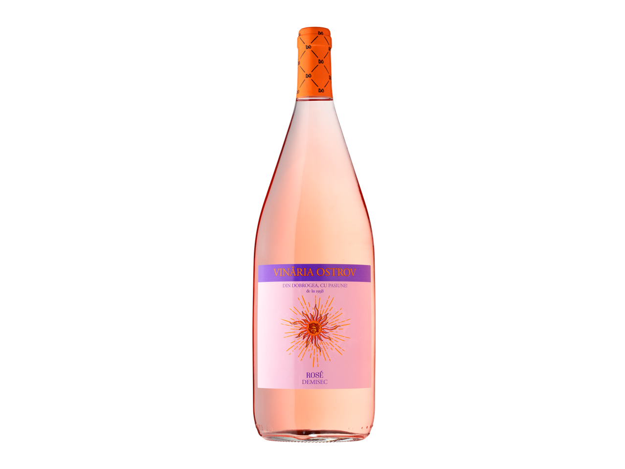 O sticlă de vin rosé Vinăria Ostrov Demisec, cu etichetă roz și un soare stilizat.