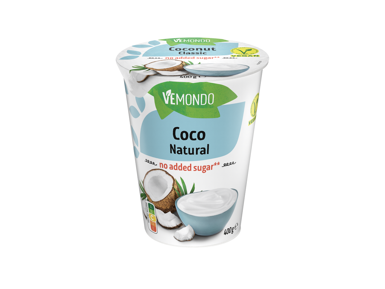Iogurte de coco Vemondo, Classic e Natural, vegano, sem açúcar adicionado.