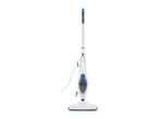 White and blue steam mop with a long handle and a cleaning head.