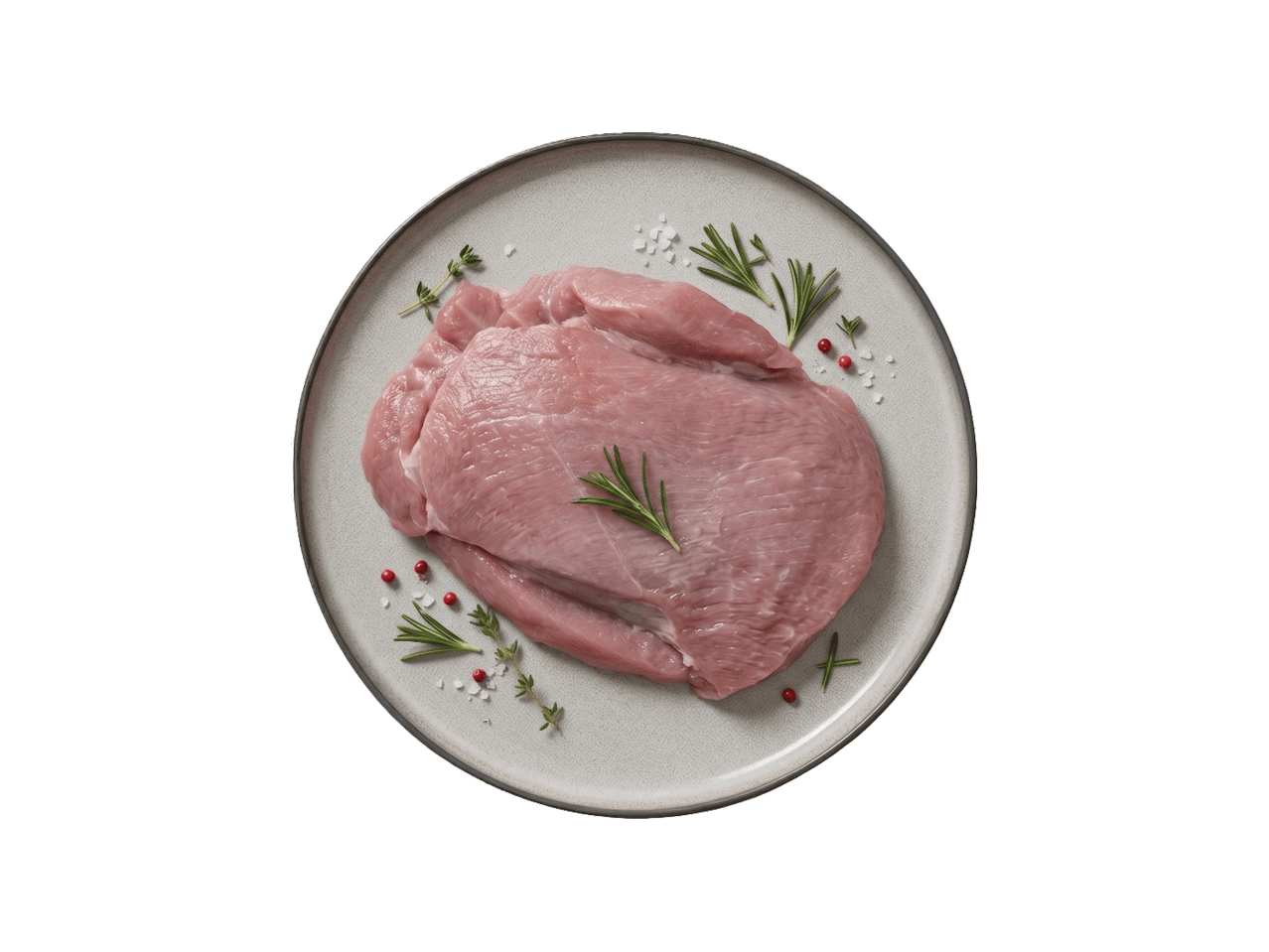 Toores kalkunifilee taldrikul rosmariini, tüümiani, soola ja punase pipraga.