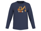Тъмносиня детска блуза с дълъг ръкав и щампа на жълт багер.