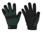 Két sötétzöld és fekete munkakesztyű, az egyik a tenyér, a másik a kézfej felől.