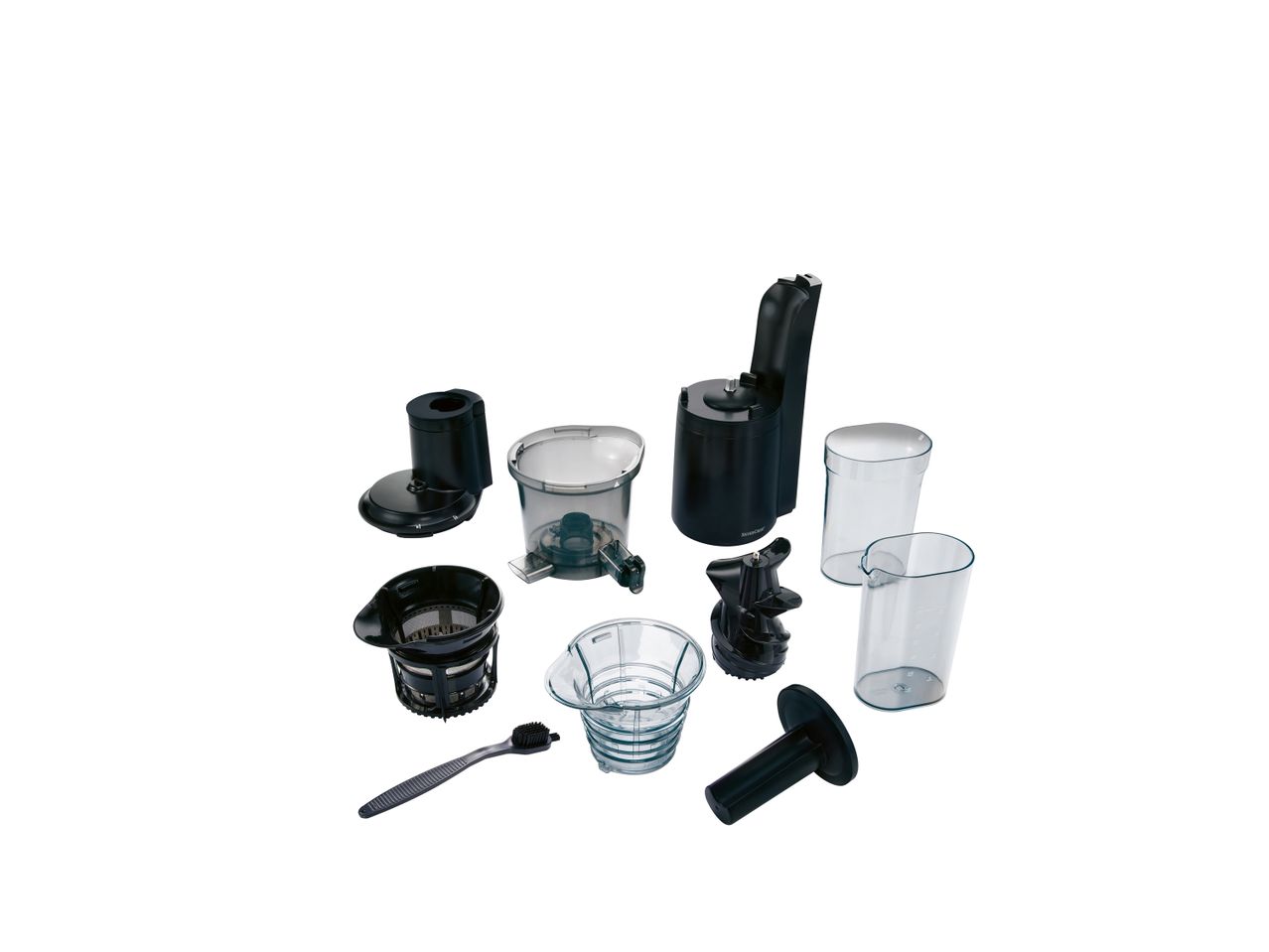 Silvercrest juicer parts including main unit, pulp container, juice cup, and cleaning brush.