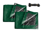 Zwei grüne Planen mit Ösen und ein Bündel schwarzes Seil.