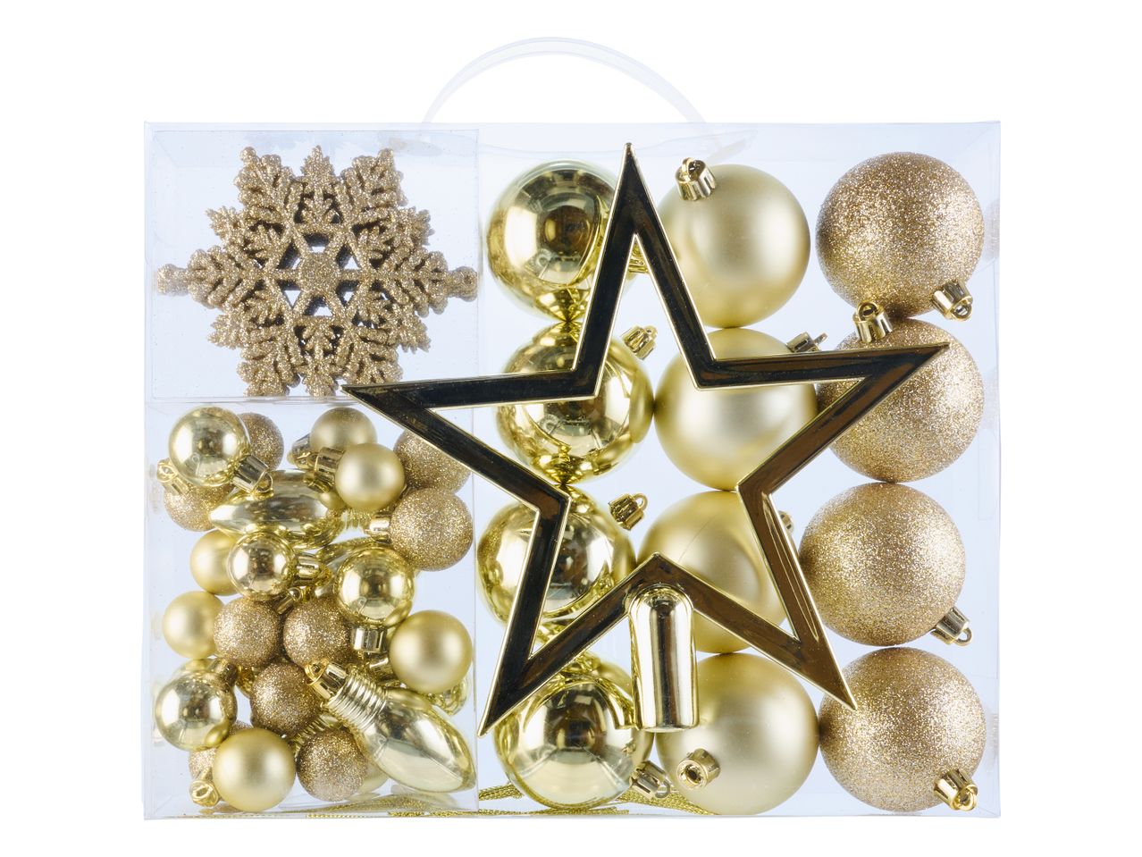 Set di decorazioni natalizie dorate in una scatola trasparente, con palline, una stella e un fiocco di neve.