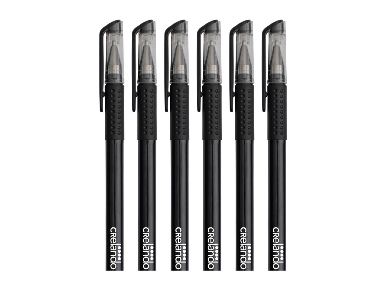 Six black gel pens with clear caps and textured grips, arranged vertically.