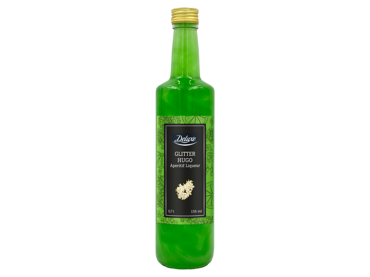 Licor Deluxe Glitter Hugo într-o sticlă verde.