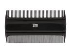 Black double-sided comb with fine and wide teeth for hair styling.